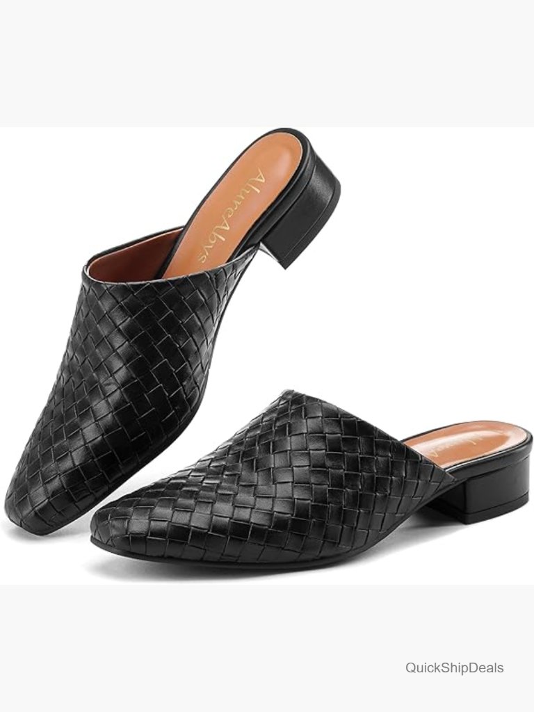 Woven Mules Low Block Heel Slip-On Shoes Casual Slides